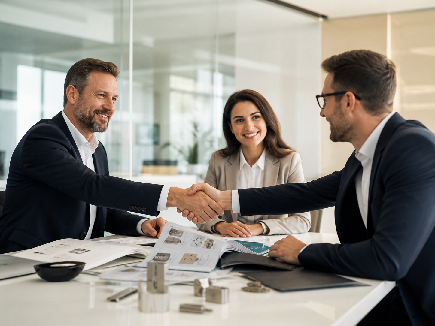 Business partners reviewing a security catalog and shaking hands